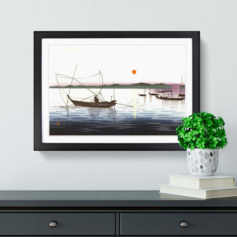 Boats and a Setting Sun by Ohara Koson - Picture Frame Painting Print, 27cm H x 36cm W x 2cm D, Black Framed