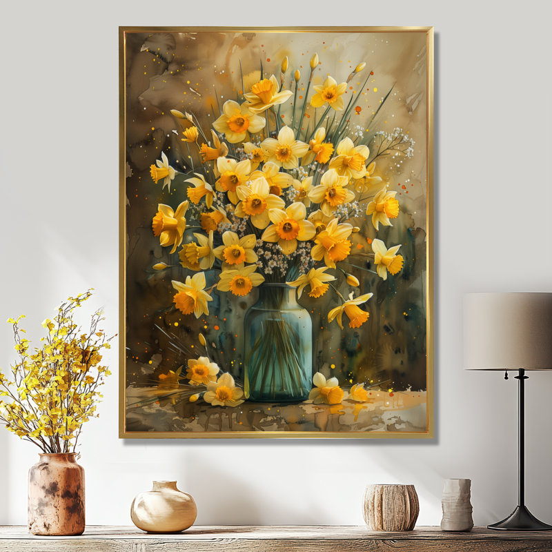 Jonquilles de ferme jaune dans un vase I - Décoration murale jonquilles, Cadre flottant doré, H 34 po x l 44 po