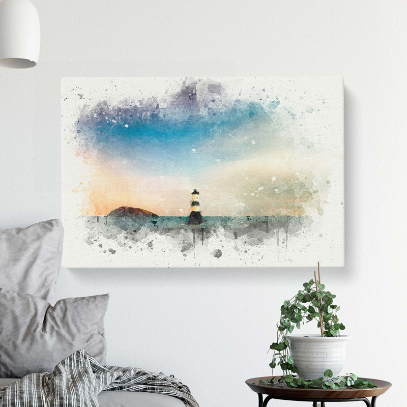 Lighthouse & Seascape At Dusk In Abstract - Wrapped Canvas Painting, 35cm H x 50cm W x 3cm D