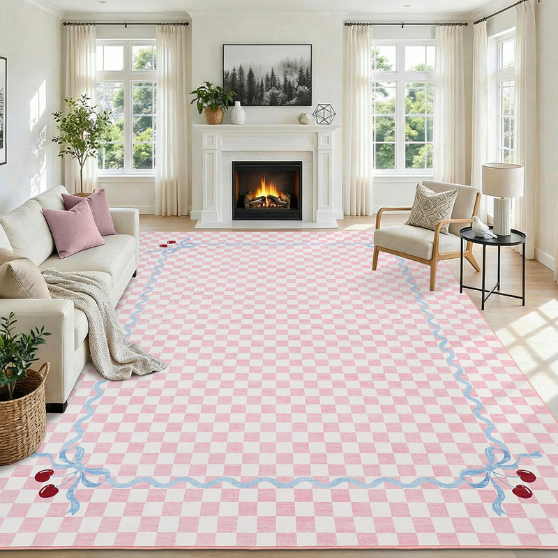 Tapis lavable en faux cerisier Coquette Gingham Cherry avec envers antidérapant, Pink, 9 x 12 pi