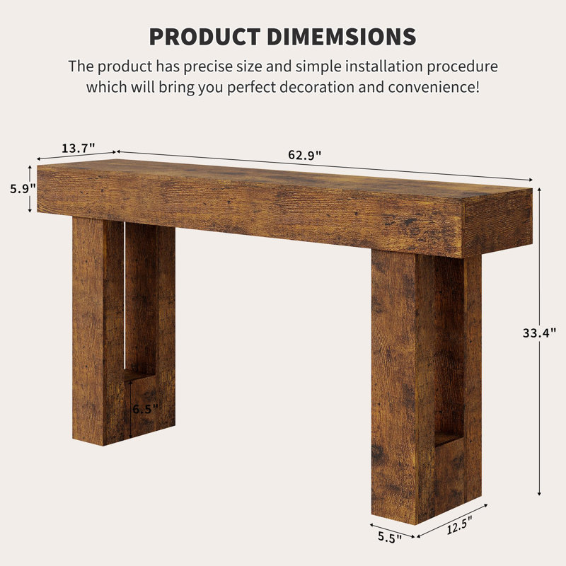 Console 63 po, canapé long derrière le canapé, table d'entrée en bois, Brun