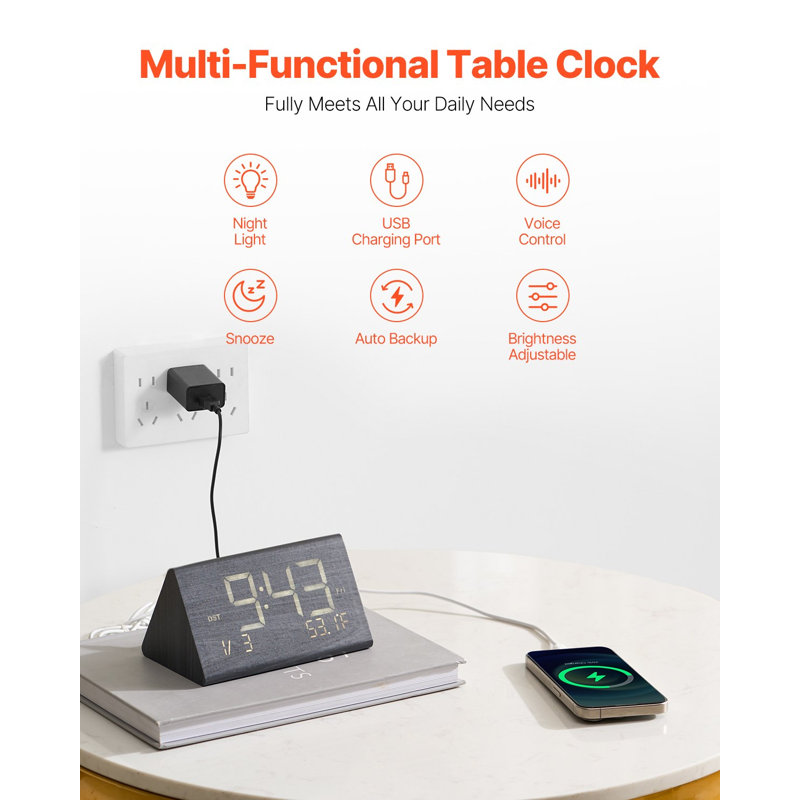Réveil numérique, horloge de bureau en bois avec double alarme, port USB, sommeil, veilleuse, commande vocale, volume réglable, horloge de bureau de chevet avec chargeur pour chambre à coucher, cuisine, bureau, noir