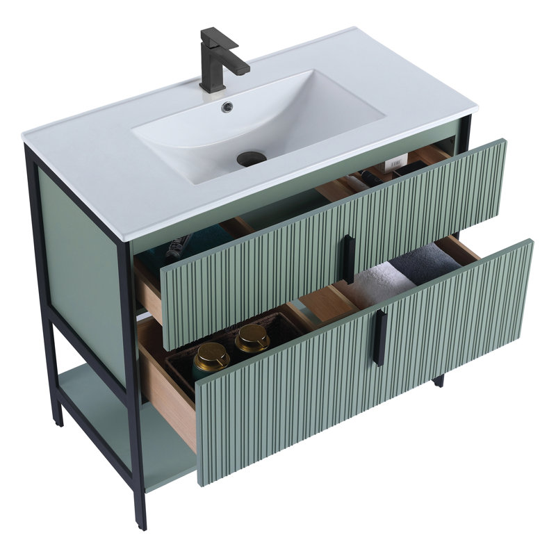  Meuble-lavabo moderne avec plateau en céramique blanche Serenity, Noir / menthe