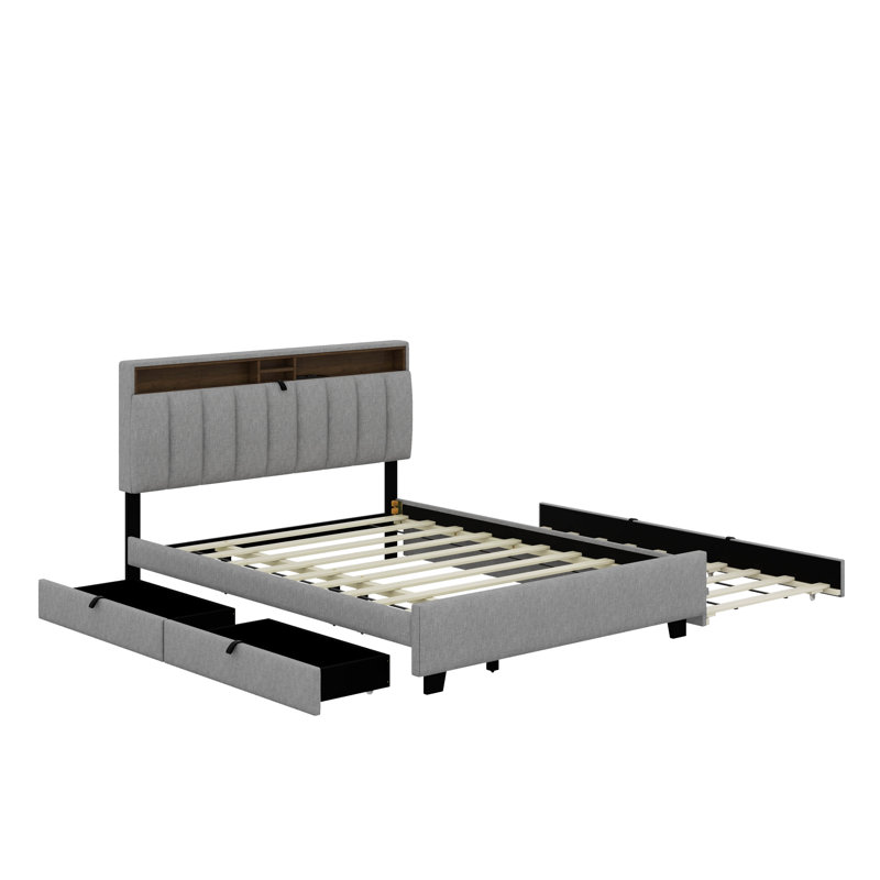 Lit plateforme tapissier avec tête de lit, gigogne et tiroirs de rangement, Grand lit, Gris