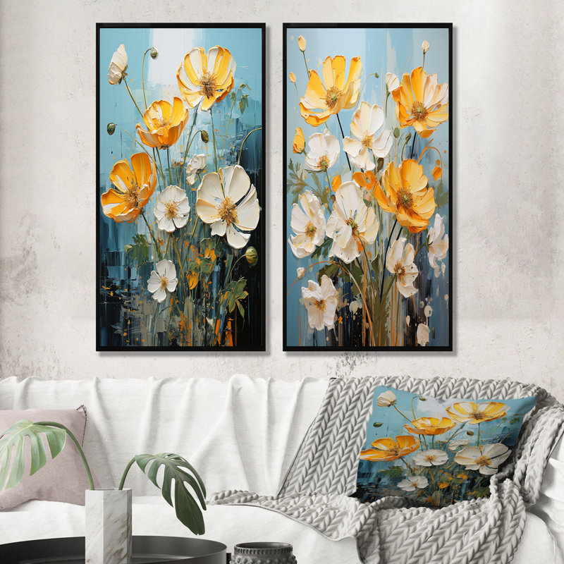 Yellow And White Buttercups Neon Sunshine - Buttercups Wall Art Living Room Set Of 2, 28" H x 25" W, Black Floater Framed