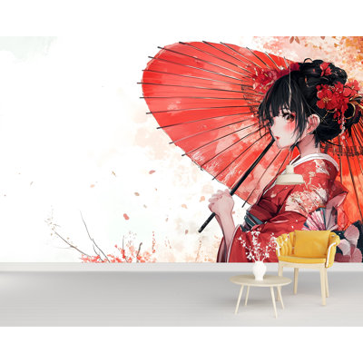 Geisha Girl with Red Umbrella - papier peint traditionnel japonais avec des fleurs de cerisier, design élégant de style animé pour la chambre à coucher ou le salon