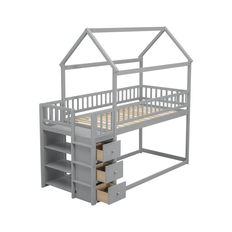 HOUSE BUNK BED WITH SHELVES AND DRAWERS
