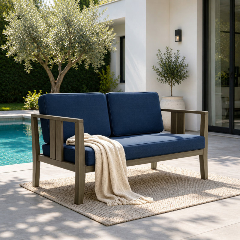Causeuse d'extérieur en bois de teck avec coussin et accoudoirs Junco, Marine, Brun