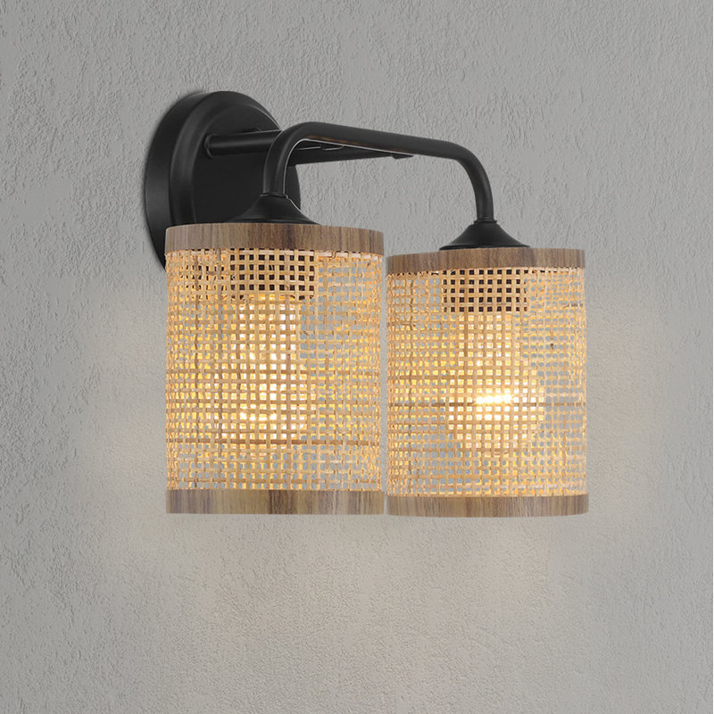 2-Light Rattan Bathroom Vanity Light, Matte Black Metal Double Wall Sconce with Cylinder Woven Rattan Shades, Farmhouse Coastal Wall Mount Light for Bathroom Bedroom Mirror