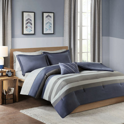 Blue Grey Striped Bedroom Comforter With Sheets, Filled, , Machine Washable Bedding Configuration Full Size Calm & Grey, , , Comprises Comforter, Shams, Pillow, Pillowcases For A Pleasant Evening In