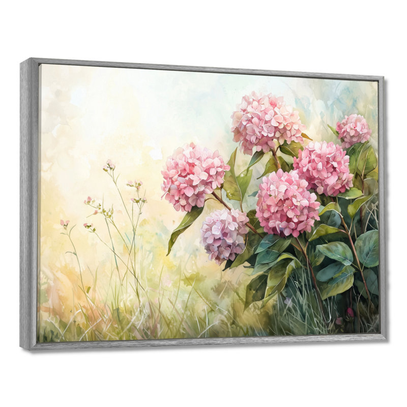 Hortensias dans un pré d'été II - hydrangées, art mural, Argent argent, H 12 po x l 20 po, Impression encadrée flottante