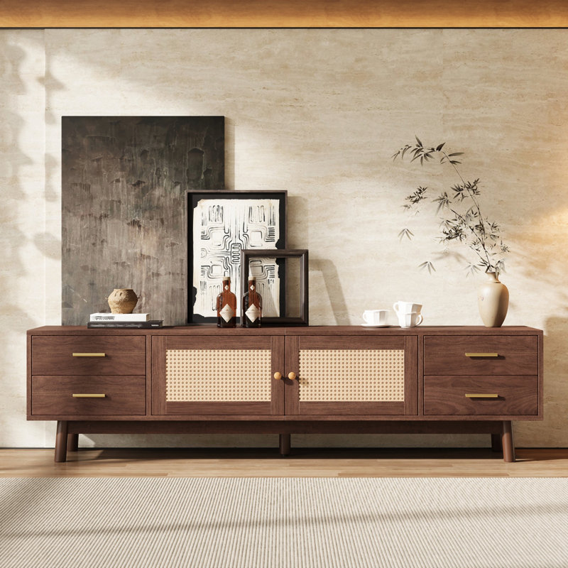 70Inch Modern Tv Stand With Rattan Doors For Tvs Up To 80", Media Console With Storage Space, 4 Drawers & Cable Holes, Entertainment Center For Living Room
