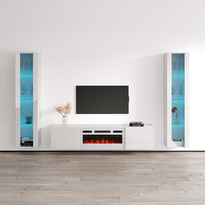 Breeahna 103.6" Modern Entertainment Center with Electric Fireplace, High Gloss Finish, Wall-Mounted, White