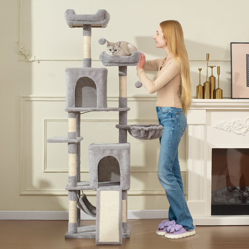 70" H Cat Tree Tower with Hammock, Scratching Post, Condo and Multi-Level Cat Tower, Light Grey