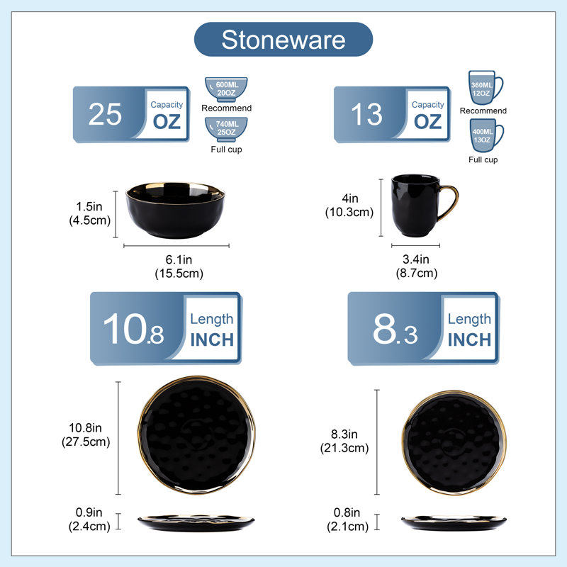 Colour Piece Handmade Ceramic Dinnerware Set - Service for 4, Black/Gold