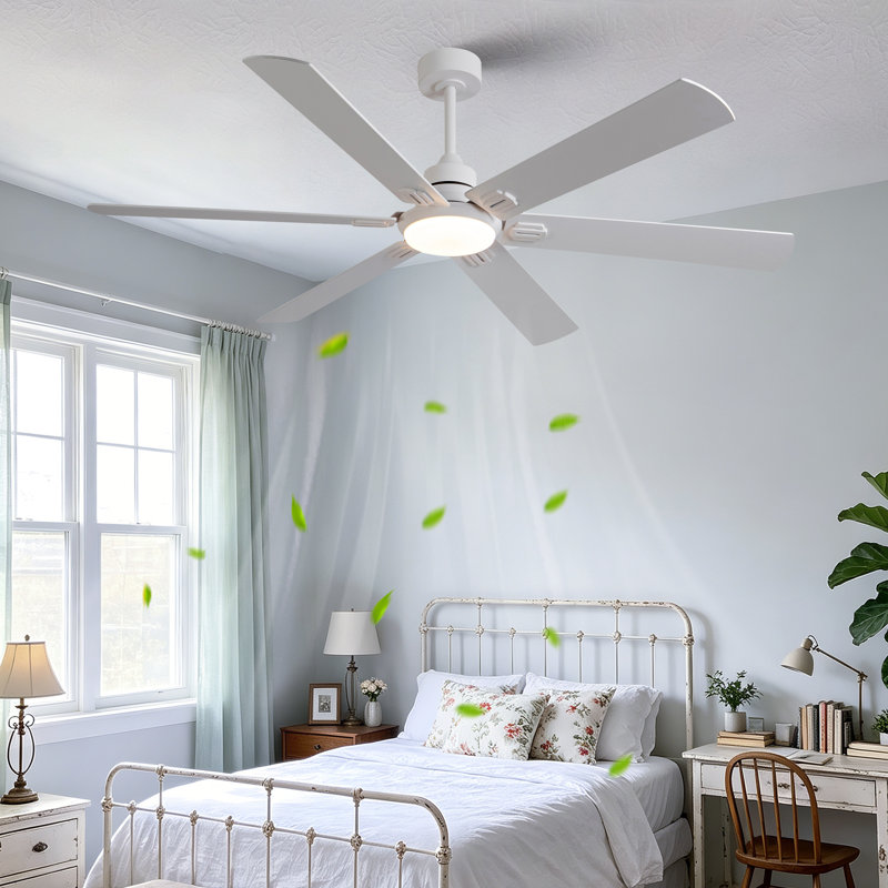 Ventilateur de plafond 152 cm avec éclairage et télécommande, blanc, 6 pales, moteur CC en bois massif, éclairage DEL à intensité variable 3 couleurs, silencieux et réversible, idéal pour un salon ou une maison de campagne.