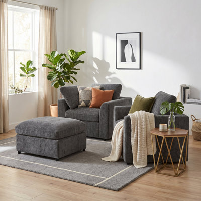 3-Piece Chenille Single-Seater Sofa Accent Chair Set, 2 Upholstered Armchairs with Movable Ottoman, Solid Wood Frame Lounge Chair with 2 Throw Pillows, Modern Deep Seat