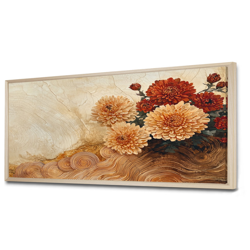 Fleurs d'automne de chrysanthèmes sur un plateau en bois diapositive IV - Art mural de salon, H 28 po x l 60 po, Crème