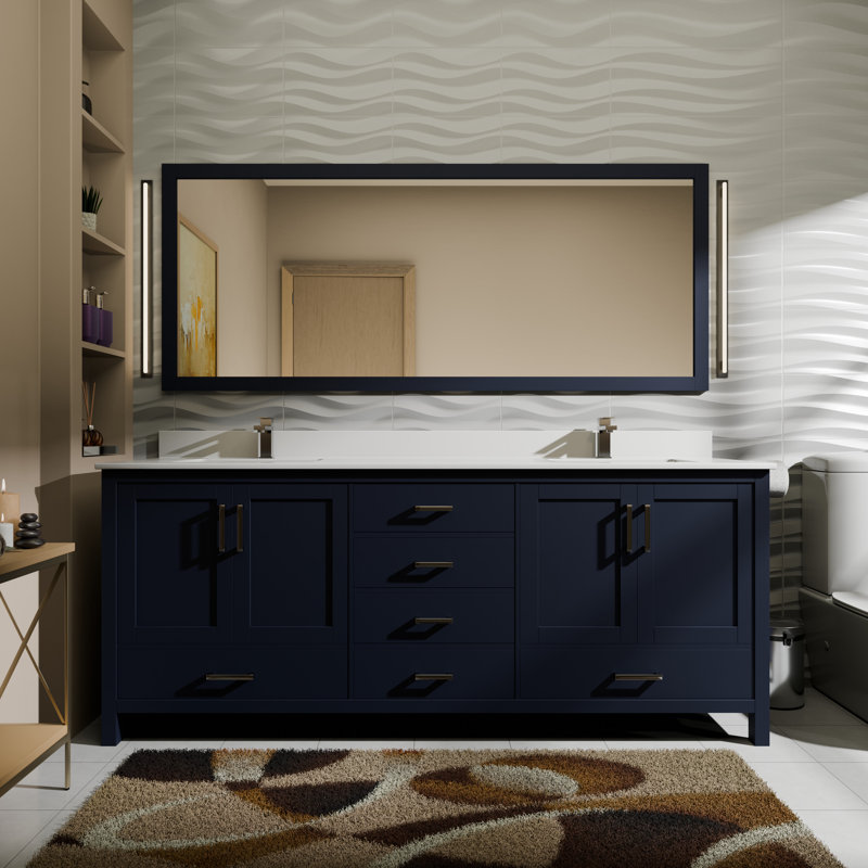Ensemble de meuble-lavabo double 72 po Jacques, Marine, Marbre de culture blanc