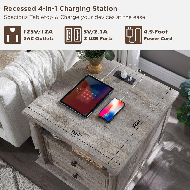 Rushville Farmhouse 2 - Drawers Nightstand with Charging Station, Tall Rustic Wood Square End Table with Open Shelf