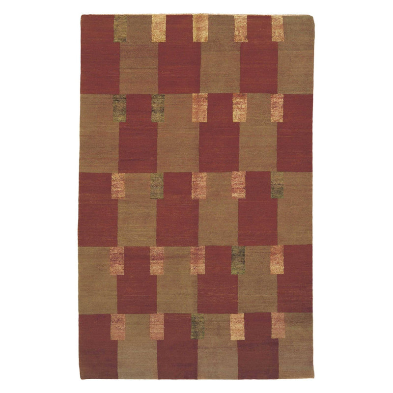 Wool Geometric Area Rug in Beige/Green/Red, Rectangle 6' x 9'