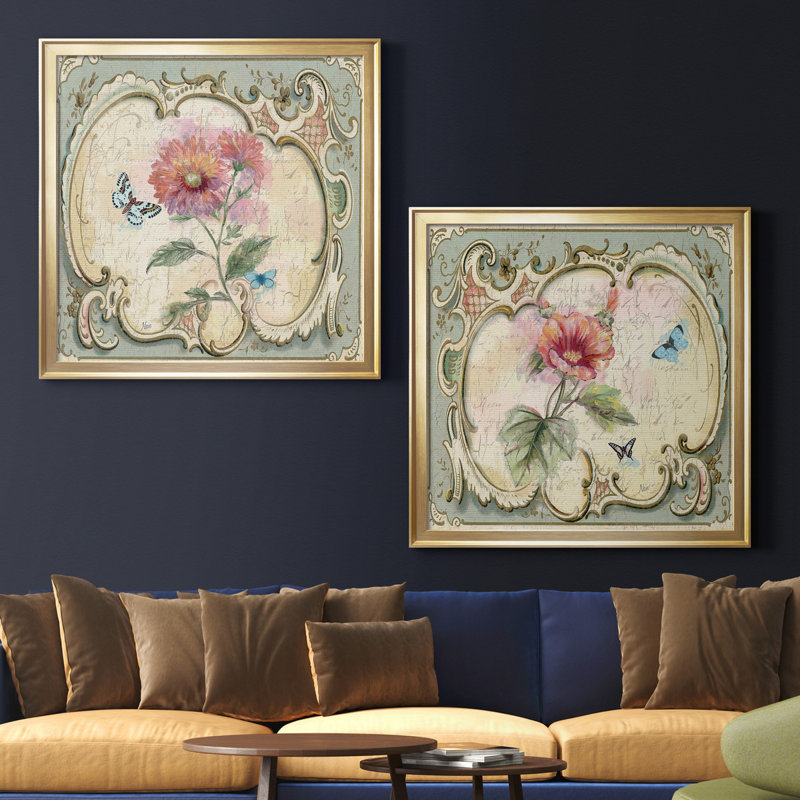 «Classical Flower III», ensemble de 2 reproductions d'art encadrées, H 17,5 po x l 35 po x P 1,5 po, Toile encadrée d'or