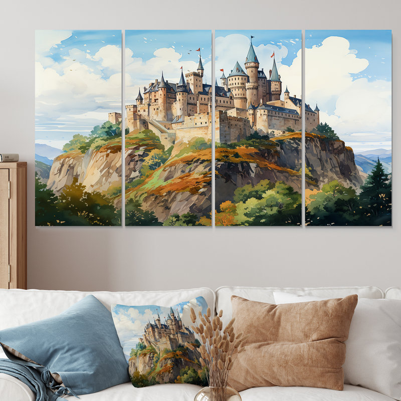 «Antique Castle In The Mountains Harmony - Châteaux», art mural 4 pièces pour le salon, H 32 po x l 64 po
