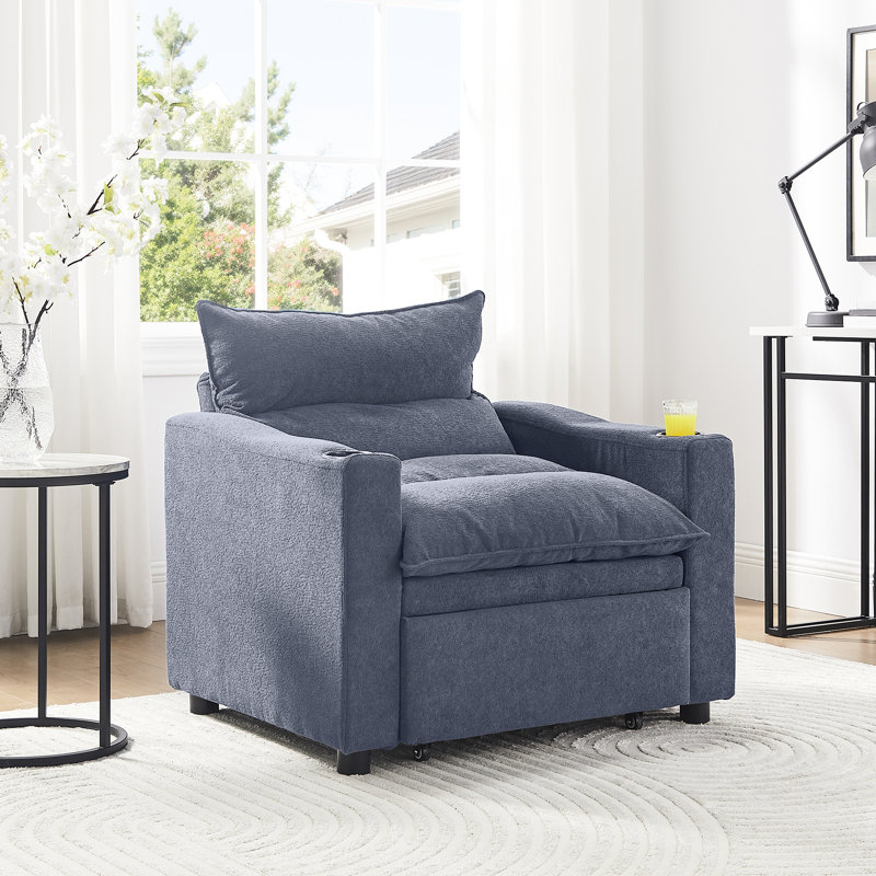Fauteuil-lit gris convertible avec fonction 3 en 1, tissu réglable et confortable pour appartement Porte-gobelet moderne pour petits espaces de vie, cadre en acier à haute densité de résistance au velours