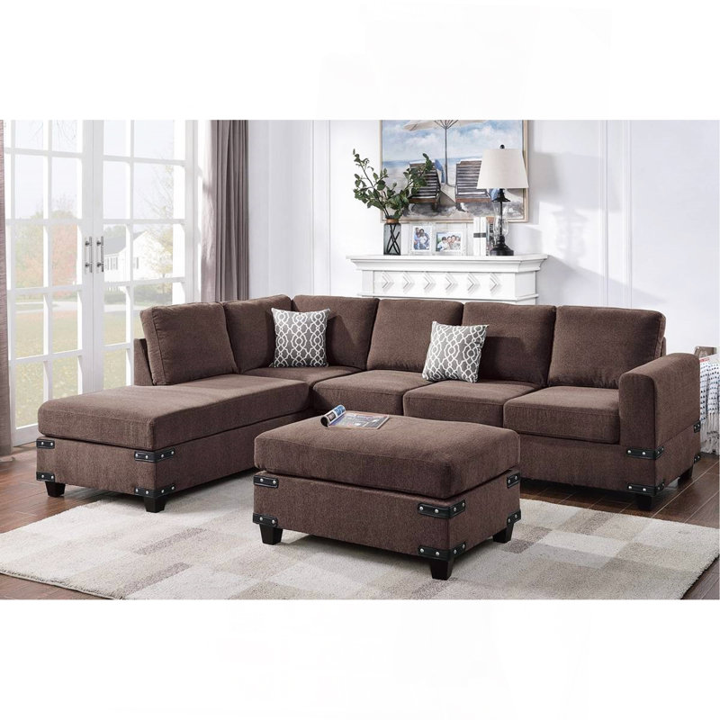 Canapé modulaire réversible en tissu 3 pièces, Chenille chocolat