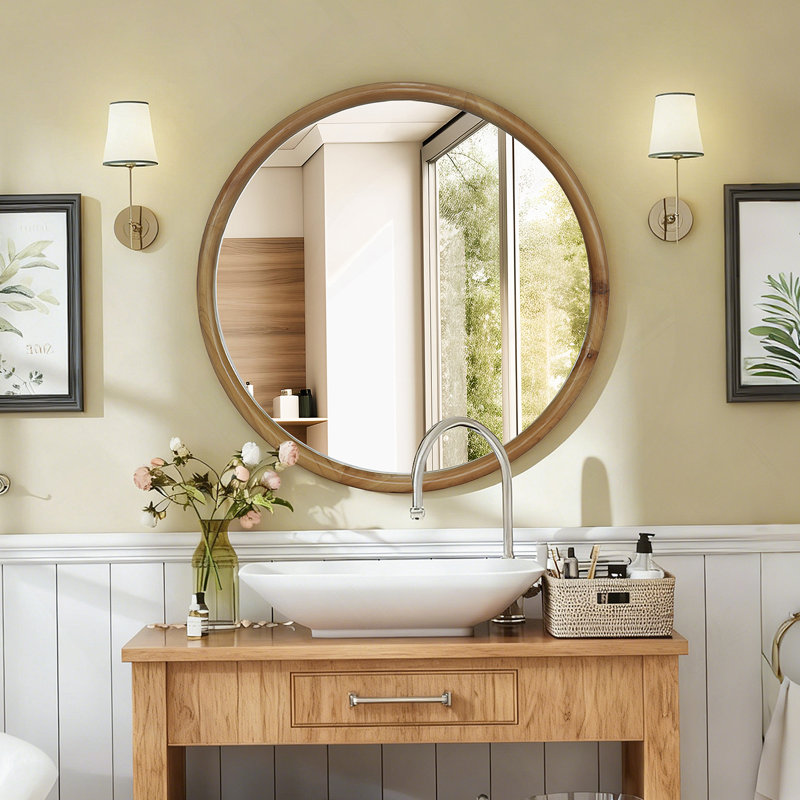 Miroir mural rond rond en bois 23,62 po pour salle de bain, chambre à coucher, vestibule, miroir décoratif Mid-Century