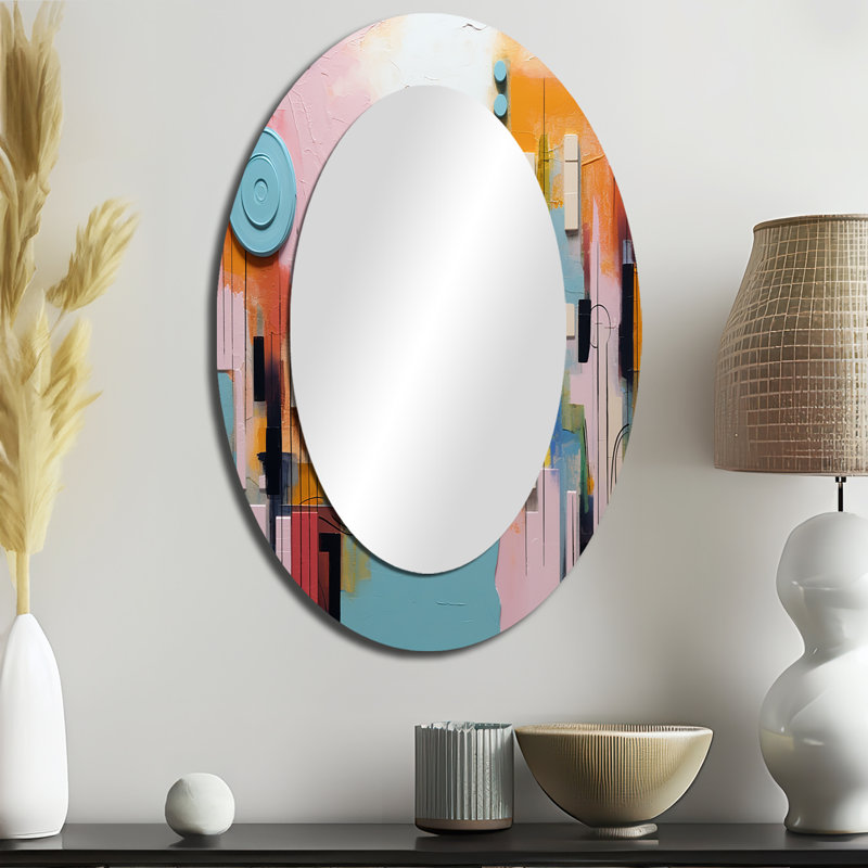 Jeu de formes colorées orange et bleu III - Miroir décoratif ovale abstrait sur métal, H 36 po x l 24 po