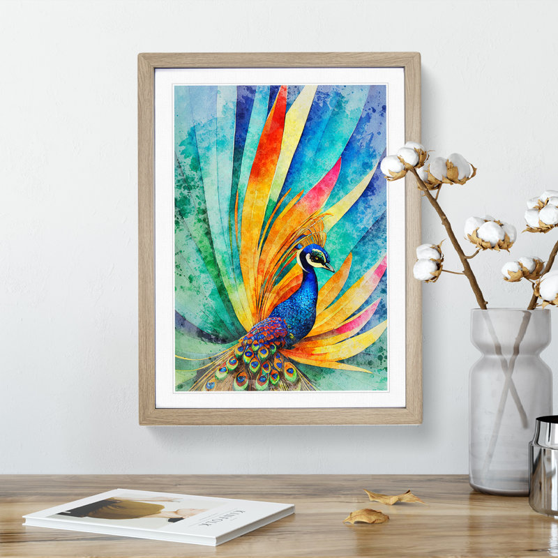 Exciting Peacock No.2 - Single Picture Frame Print, Oak, 34cm H x 25cm W x 2cm D