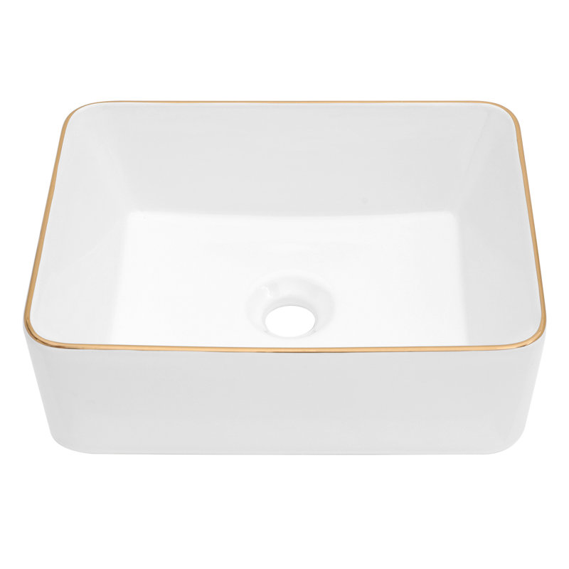 16X12 Inch White Ceramic Rectangular Vessel Bathroom Sink, White/Gold