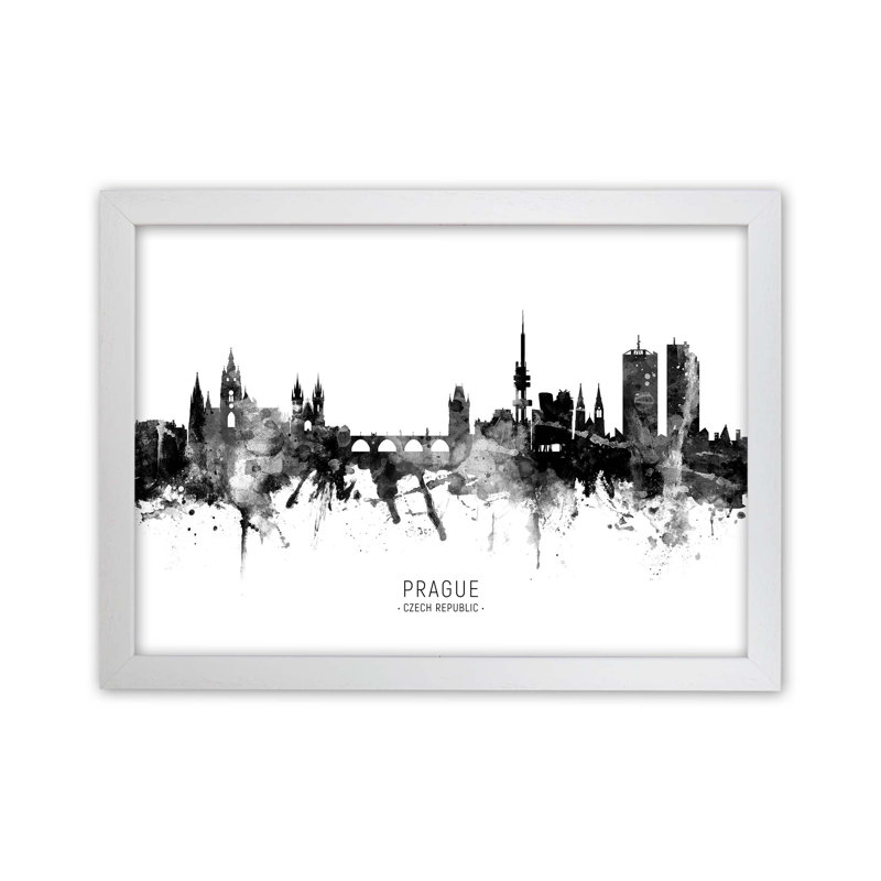 Prague Czech Republic Skyline Black White City Name by Michael Tompsett - Print, White Framed, 64cm H x 88cm W x 3cm D