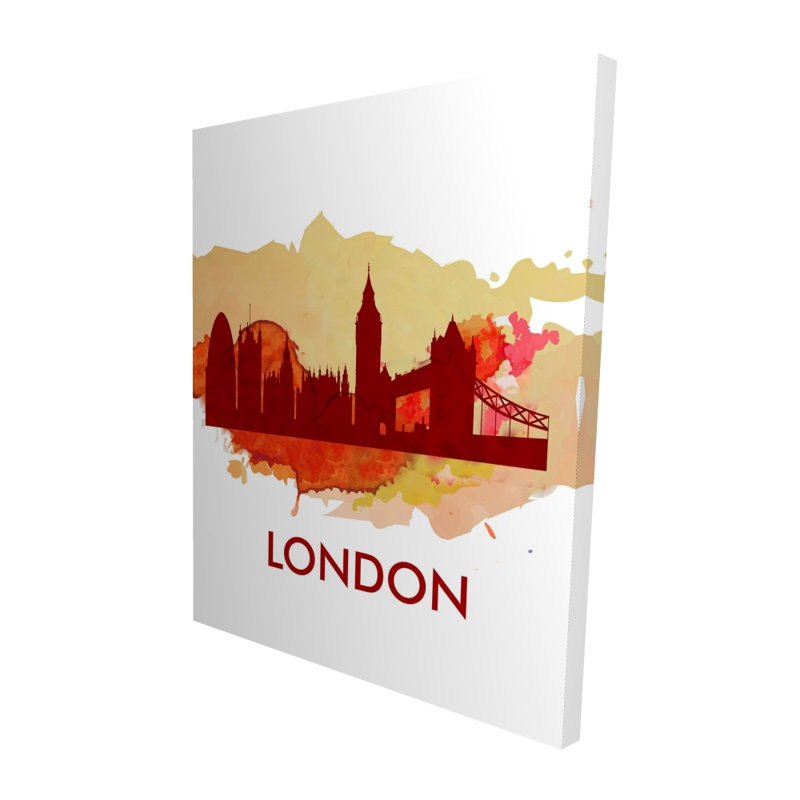 «Paint Splash Silhouette of London - Orange Typo», décor de toile