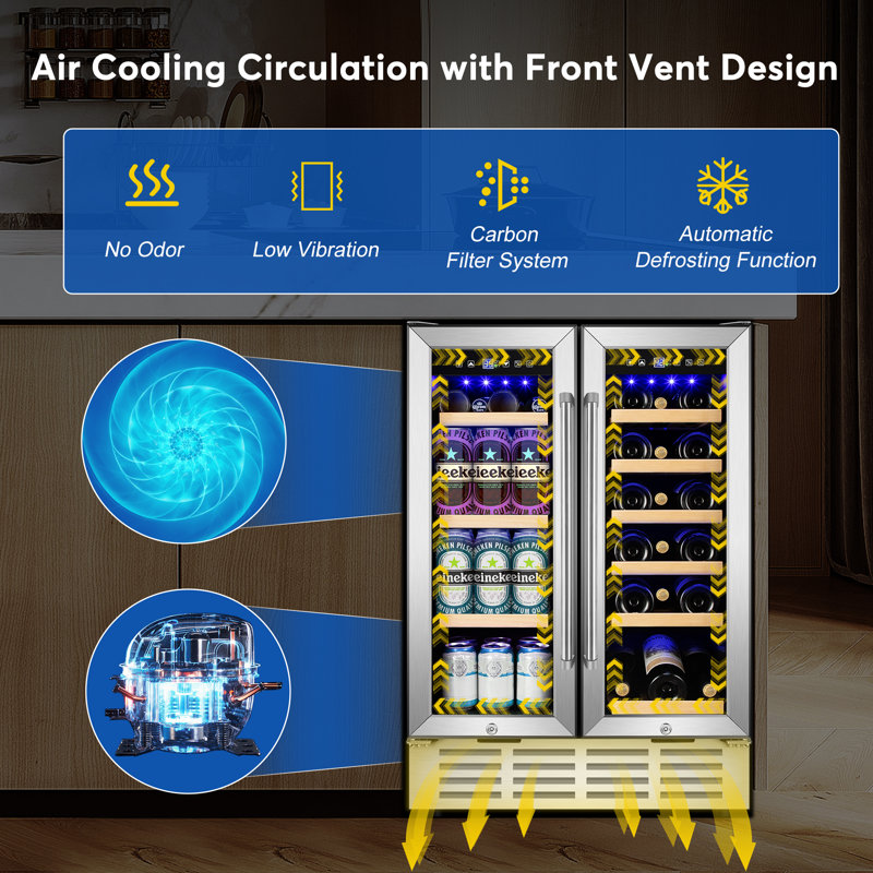  24 Inch Dual Zone Built-in And Freestanding Wine & Beverage Refrigerator - 18 Bottle & 57 Can Capacity, Stainless Steel Frame
