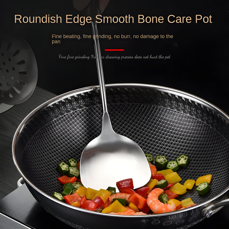 Ensemble d'ustensiles de cuisine en acier inoxydable avec poignée en bois, spatule résistante aux hautes températures, cuillère rainurée et louche à soupe pour la cuisson