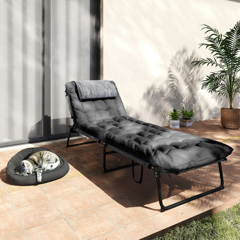 Chaise longue pliante avec coussin, fauteuil de bronzage inclinable, noir