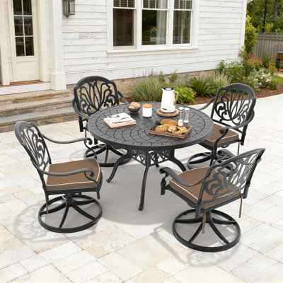 5-Piece Outdoor Cast Aluminum Dining Set,47.24" Round Table & 4 Swivel Chairs with Brown Cushions