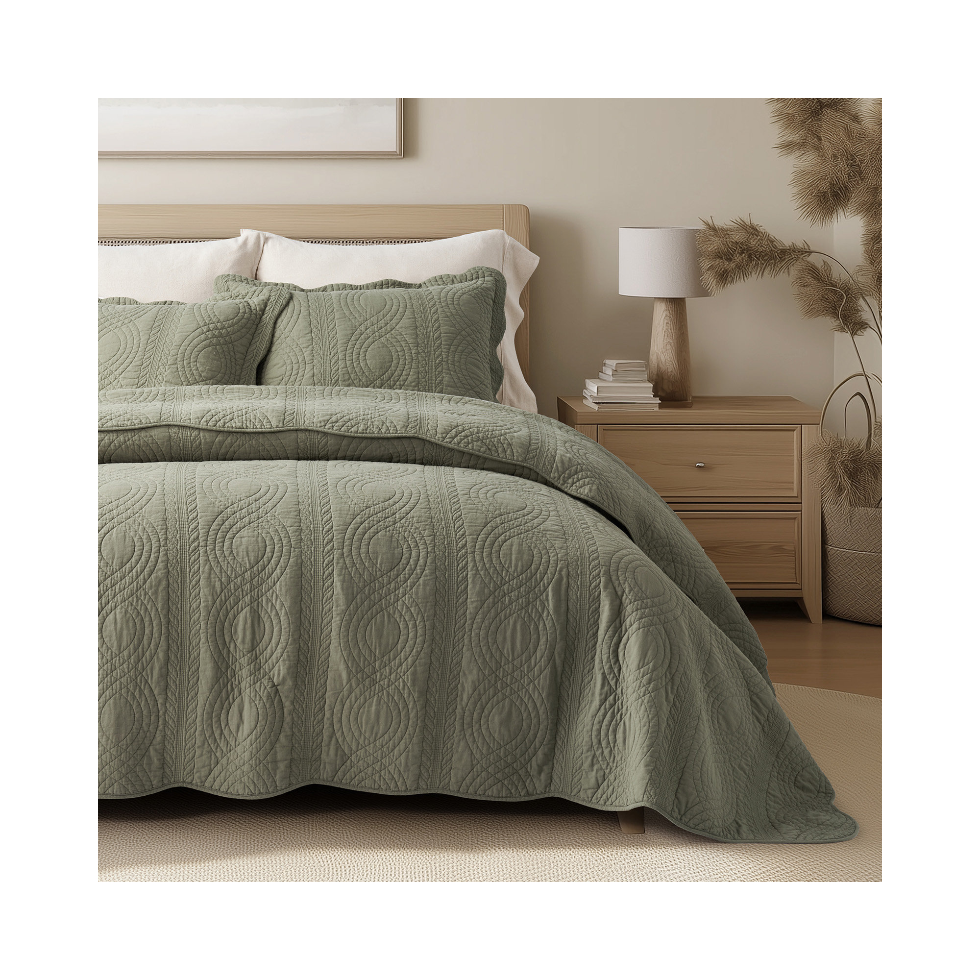 Scallop Edge 100% Cotton Quilt Set, Queen Quilt + 2 Queen Shams, Olive Green