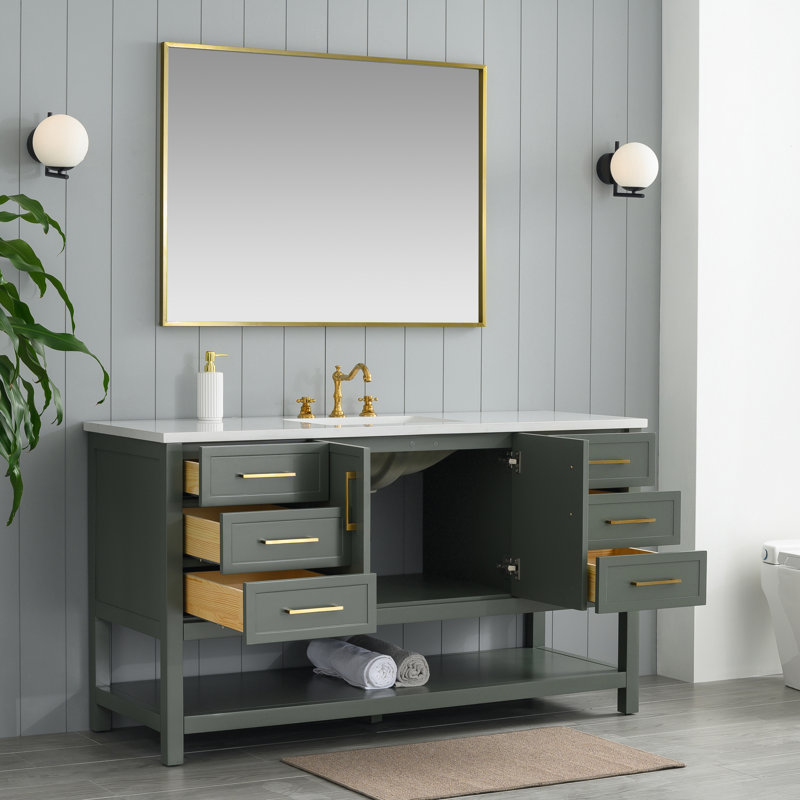 Ensemble de meuble-lavabo simple 60 po Vicini, Vert rétro / or brossé