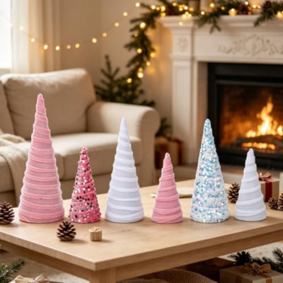 6 décorations d'arbre de Noël en forme de cône de Noël en velours rose et blanc de 6 pièces pour table de Noël décorative de Noël