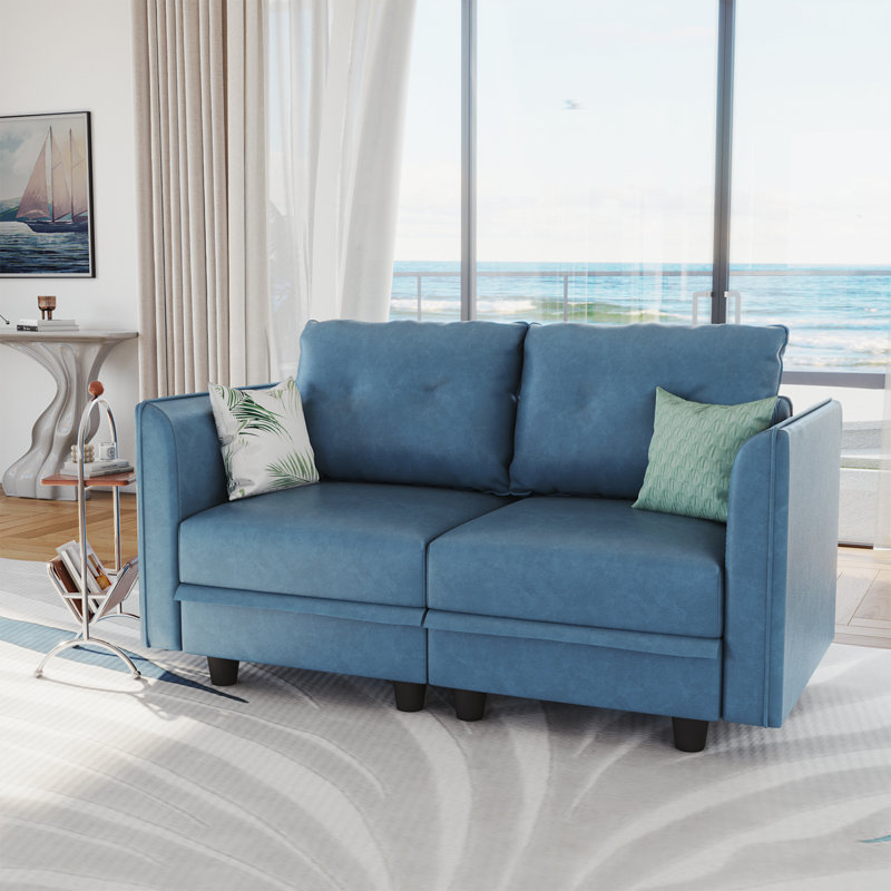 Canapé modulaire avec causeuse à accoudoirs incurvés en similicuir 60 po Dezmin, Bleu ciel