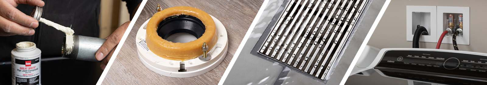 Plumber applying pipe joint compound, wax bowl ring, linear shower drain, washing machine outlet box