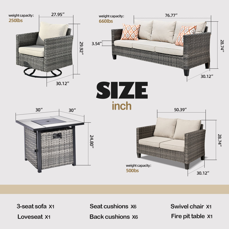 Meriyah Premium All-Weather Wicker 6 - Person Patio Conversation Set with Cushions, Beige