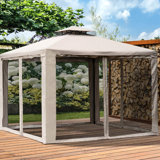 9.6' X Outdoor Gazebo With Canopy, 2 Roof And Netting. Blocking, Steel Made For Garden Lawn Backyard Deck, Taupe, Spacious & Rain- Canopy Gazebo, Frame, Netting, Resistance Garden, Lawn, Backyard,