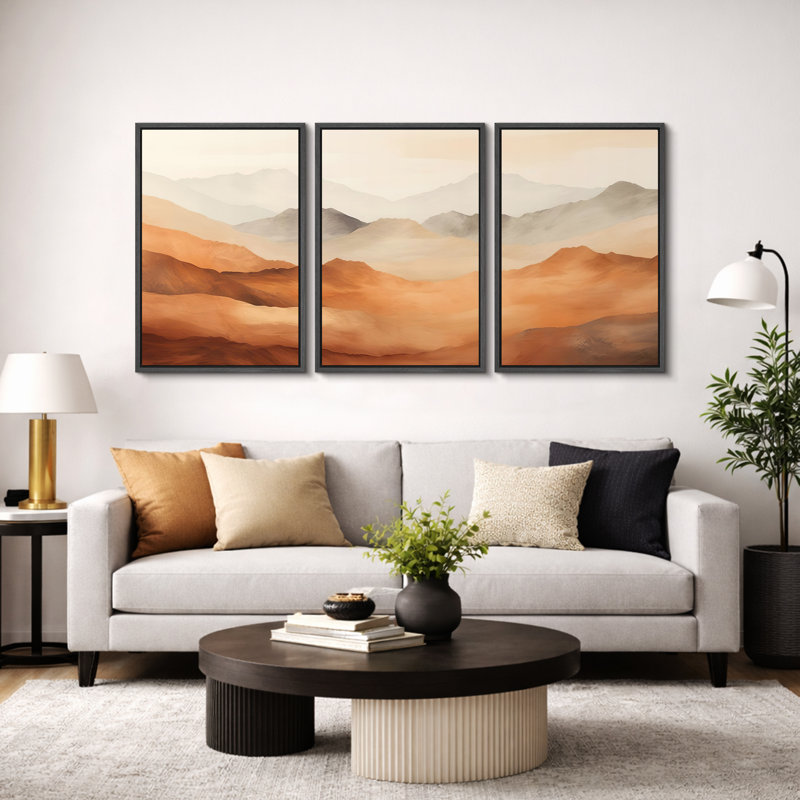 Abstract Landscape "Vibrant Warm Orange Brown Mountains Artwork, Modern Organic Simple Minimalist Wall Pictures, Framed Canvas Giclée Print 3 Pieces Wall Art" 16"x24"x3 pcs, 24"x36"x3 pcs