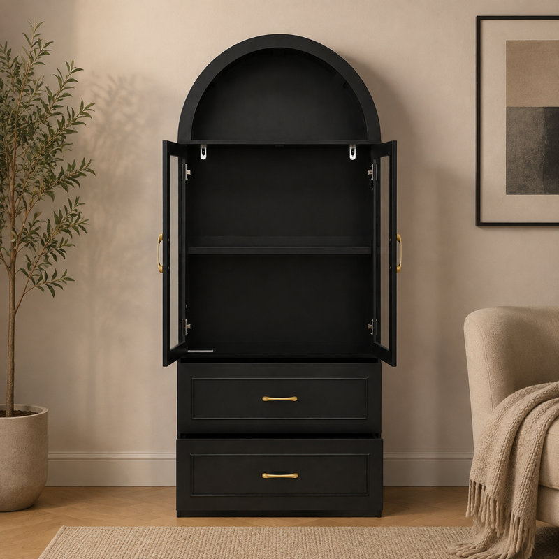 Meuble de rangement moderne noir à dessus arqué avec portes vitrées, étagères et tiroirs