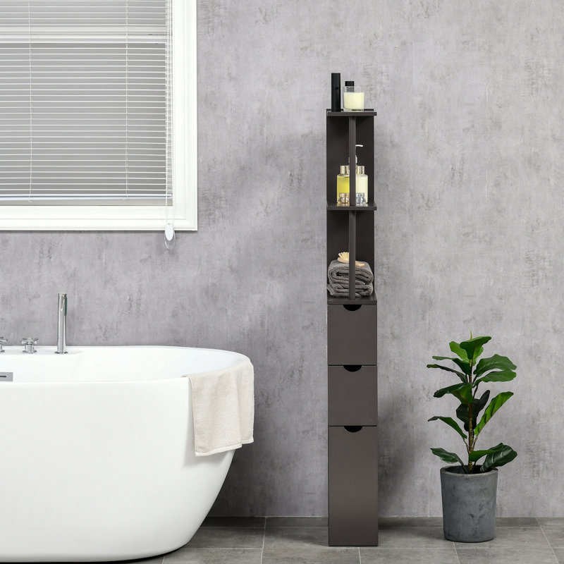 Armoire de rangement pour salle de bain de 54 po de hauteur, tour à linge autoportante avec tablette à 2 niveaux et tiroirs, organisateur de plancher étroit, brun