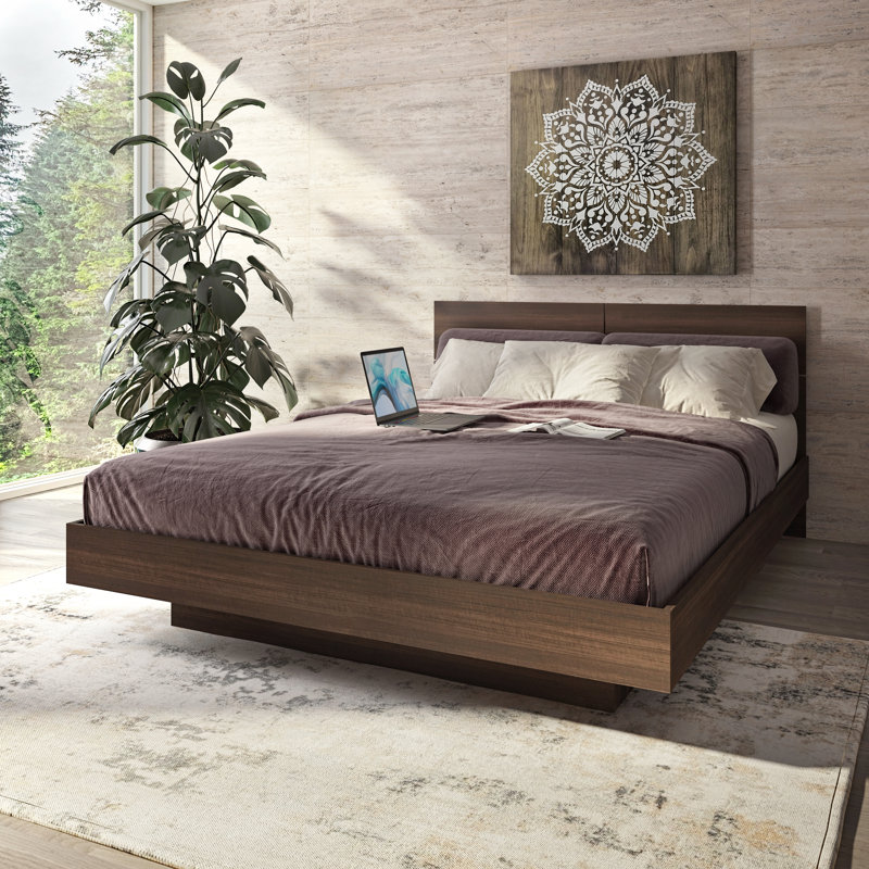 Combo Zen KAPPA Platform Bed with Headboard – Easy Assembly, No Box Spring Required, Walnut